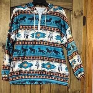 SHEIN Teal and Orange Horse Pattern Hoodie
